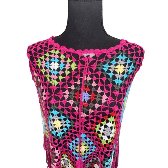 Say What? Crochet Multicolor Fringe Poncho Top One Size 100% Boho Hippie Retro - Picture 5 of 7